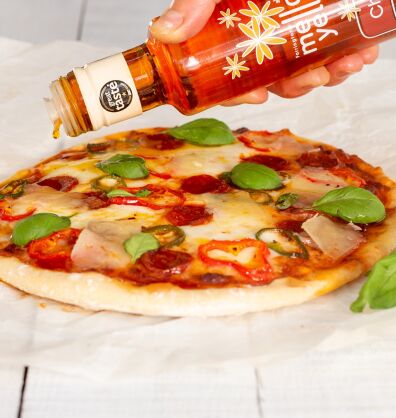 Chorizo, red pepper and manchego pizza
