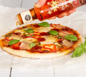 Chorizo, red pepper and manchego pizza