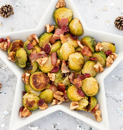 Brussels with bacon, cranberry & walnuts