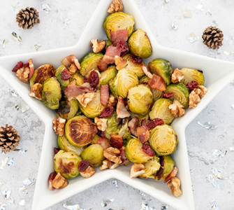 Brussels with bacon, cranberry & walnuts