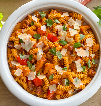 Roasted squash & chorizo pasta