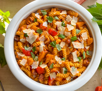 Roasted squash & chorizo pasta