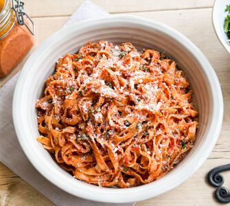 Red pepper pesto tagliatelle
