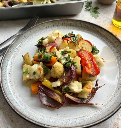 Halloumi traybake with chimichurri