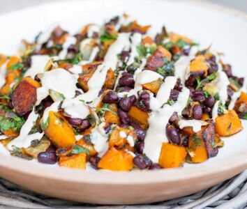 Vegan Roasted squash with black beans and tahini