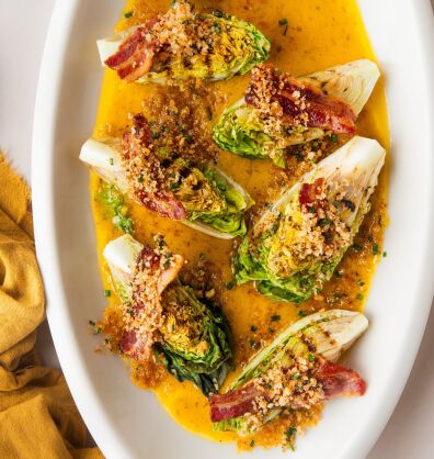 Charred Gem Lettuce with Crispy Bacon, Pangrattato & Classic Vinaigrette