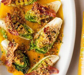 Charred Gem Lettuce with Crispy Bacon, Pangrattato & Classic Vinaigrette