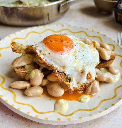 Miso butterbeans on toast with a chilli egg