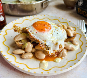 Miso butterbeans on toast with a chilli egg