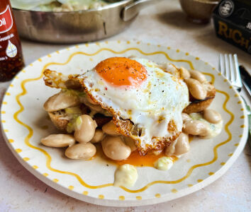 Miso butterbeans on toast with a chilli egg