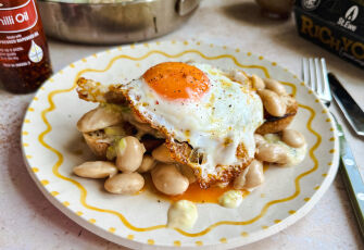 Miso butterbeans on toast with a chilli egg