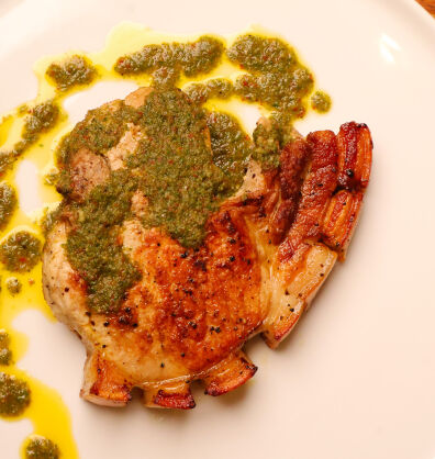 Roasted Ethical Butcher Pork Chops, Celeriac and Apple Slaw, Chimichurri Sauce